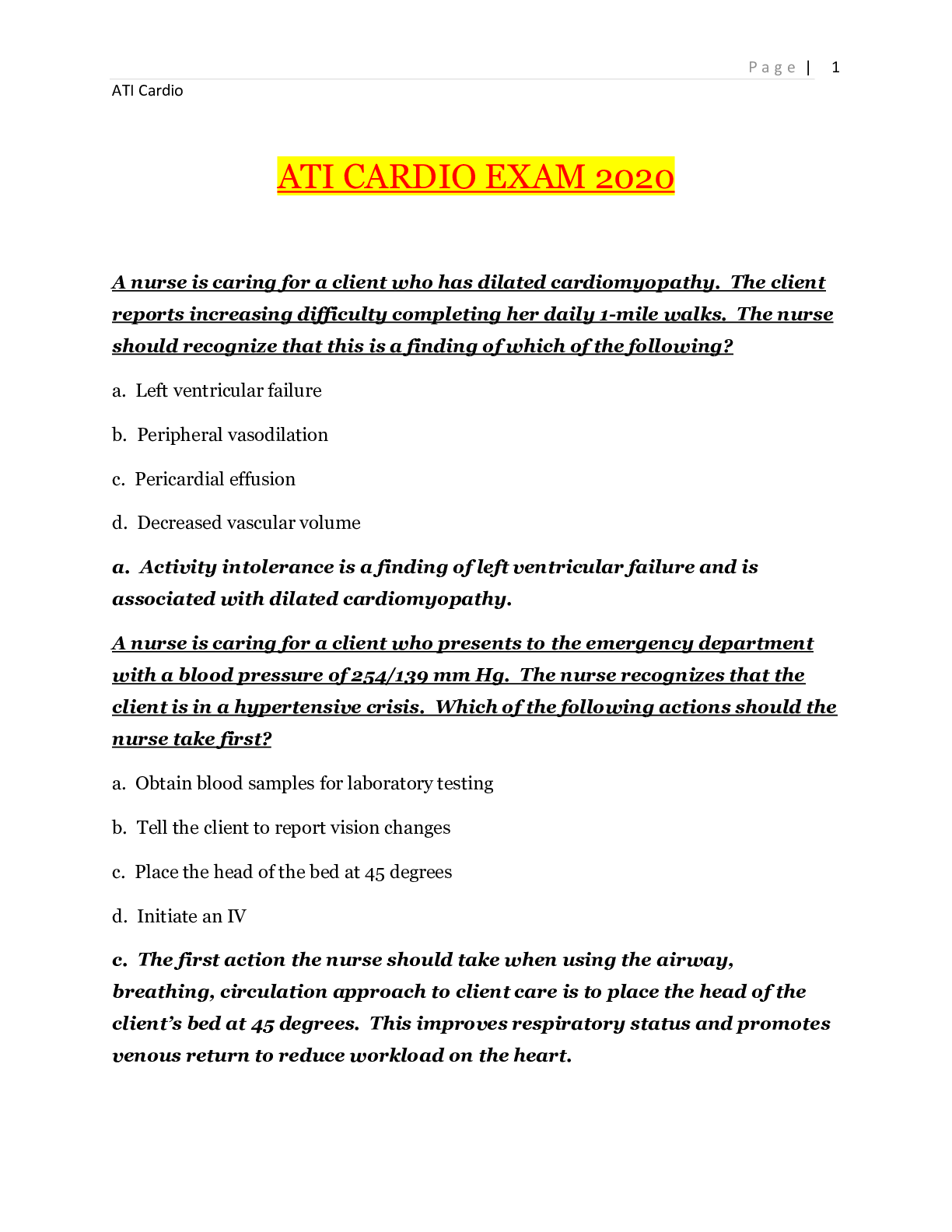 Preview image for ATI CARDIO EXAM 2020